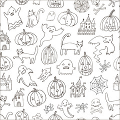 Obraz premium Halloween seamless vector hand drawn doodle pattern