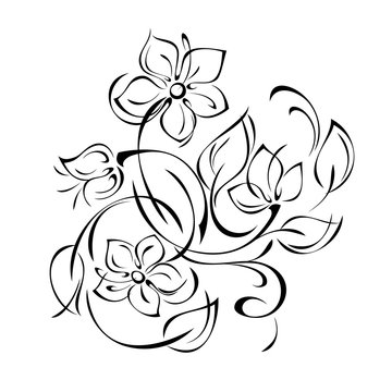 ornament 1278. decorative element with stylized flowers, leaves and swirls in black lines on a white background