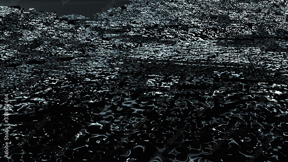 Poster 3d render of abstract surface with black noise. computer generated ebb and flow effect on the shore.