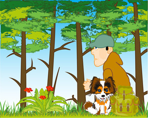 Man with dog in wood by summer