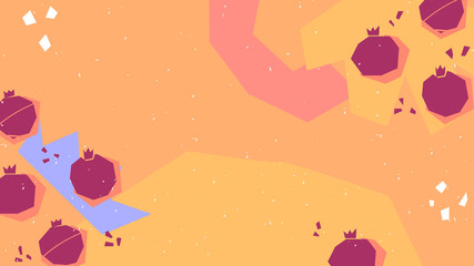 Geometric minimalist bright background. The pomegranate lies on the table, casting a shadow. View from above. Torn or cut paper items. Abstract banner with copy space. Flat design vector illustration.