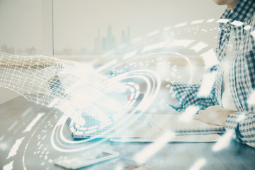 Businessman working on Laptop with technology theme drawing. Concept of big data. Double exposure.