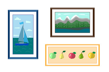 three framed paintings on a white wall. yacht at sea in a blue frame, mountain landscape in a brown frame and apples and pears in an orange frame