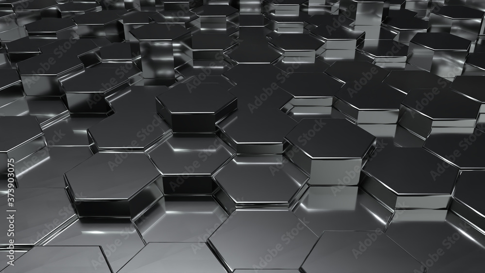 Poster abstract black metallic honeycomb on random surface level floor background. copy space. 3d illustrat