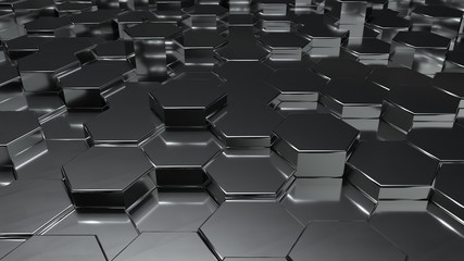 Abstract black metallic honeycomb on random surface level floor background. copy space. 3D illustration rendering