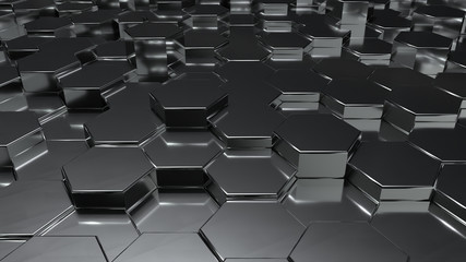 Fototapeta premium Abstract black metallic honeycomb on random surface level floor background. copy space. 3D illustration rendering