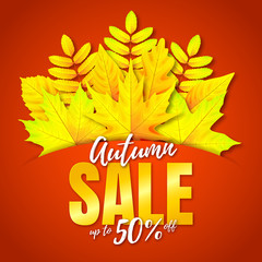 Fototapeta na wymiar Red autumn sale poster with yellow leaves