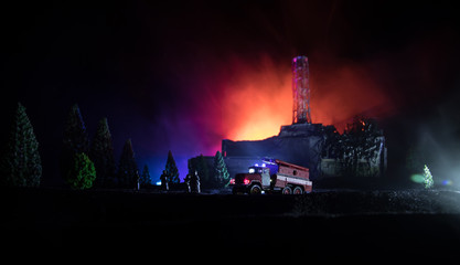 Chernobyl nuclear power plant at night. Layout of Chernobyl station during nuclear reactor...