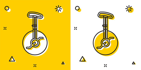 Black Unicycle or one wheel bicycle icon isolated on yellow and white background. Monowheel bicycle. Random dynamic shapes. Vector. © vector_v