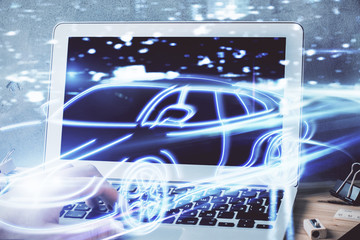 Automobile theme drawing with businessman working on computer on background. Autopilot taxi concept. Double exposure.