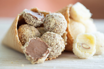 Chocolate candy. Assorted handmade chocolates. High quality photo.