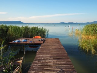 Beach expires with bathers' belongings at the beach strand of the lake Balaton, Hungary