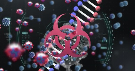 Scope scanning Biohazard symbol and multiple Covid-19 cells - Powered by Adobe