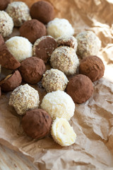 Chocolate candy. Assorted handmade chocolates. High quality photo.