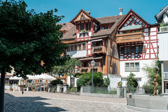 Arbon, Switzerland - August 10, 2020: View of beautiful historical half-timbered houses in small city Arbon in Canton Thurgau, Switzerland near Bodensee. Sunny august day