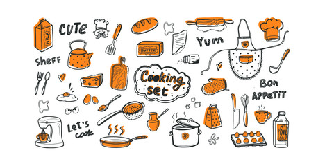 Linear set on the theme of cooking in a doodle style. Kitchen utensils and products. Apron, knife, mixer, frying pan, saucepan. Cooking at home and in the restaurant. Isolated on white background.