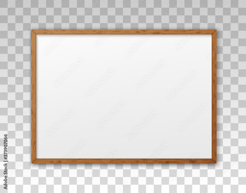 Poster mockup wood frame photo on wall. mock up wooden picture framed. horizontal boarder with shadow. empt