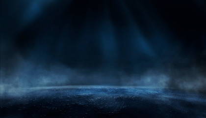 Dramatic dark background. Reflection of light on the water. Smoke Fog, rays, the moon. Empty night scene, landscape, river, clouds. 3d illustration