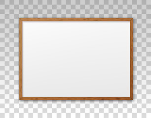 Mockup wood frame photo on wall. Mock up wooden picture framed. Horizontal boarder with shadow. Empty photoframe a4 isolated on background. Border for design prints poster and painting image. Vector