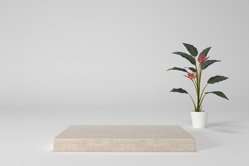 Minimal abstract background with flowers. Empty podium, white color, modern stage, showcase.minimalist mockup for podium display or showcase, 3d rendering.