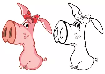 Rolgordijnen Vector Illustration of a Cute Cartoon Character Pig for you Design and Computer Game. Coloring Book Outline Set  © liusa