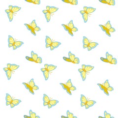 Seamless pattern from yellow and blue butterflies flutter on white background