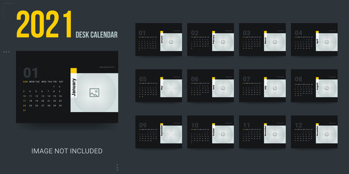 Calendar 2021 template layout design, monthly calendar ready for print, black background, business and corporate calendar 2021, 2021 calendar in minimal table, black and yellow color