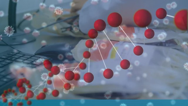 DNA structure and Covid-19 cells against scientist working in laboratory