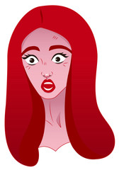 Vector illustration of sticker / smiley redhead girl with emotion fear, horror. Girl emotion sticker with red hair. Stock vector illustration isolated on a fucking background. for website or chat 