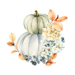 Watercolor pumpkins composition. Hand painted blue and orange pumpkins with leaves isolated on white background. Autumn festival. Botanical illustration for design, print or background