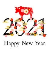 2021年丑年年賀状-赤色和柄牛縦位置