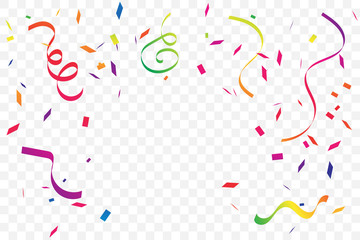 Colorful Confetti And Ribbon Falling On Transparent Background. Celebration & Party. Vector Illustration