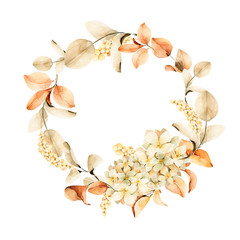 Watercolor floral wreath. Hand painted yellow and orange flowers with leaves isolated on white background. Autumn festival. Botanical illustration for design, print or wedding card