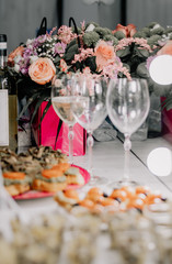Wedding Decor In Pink Bronze - Green Dry Leaves, Flowers, White Table Cloth, Silk, Burning Candle, Green Carpet, Wine Glass, Fork Knife, Pink Napkin, Under Plate, Table Two