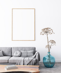Frame mockup in interior living room design. Vertical poster on white background. modern grey sofa with plaid on, blue vase, and natural wooden table. Scandinavian style concept, 3d render
