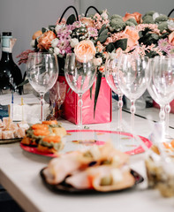 Wedding Decor In Pink Bronze - Green Dry Leaves, Flowers, White Table Cloth, Silk, Burning Candle, Green Carpet, Wine Glass, Fork Knife, Pink Napkin, Under Plate, Table Two
