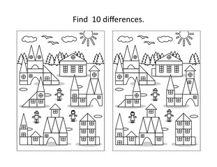 Find 10 differences visual puzzle and coloring page with toy town scene


