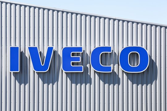 Villefranche, France - May 17, 2020: Iveco logo on a building. Iveco, an acronym for Industrial Vehicles Corporation, is an Italian industrial vehicle manufacturing company based in Turin, Italy