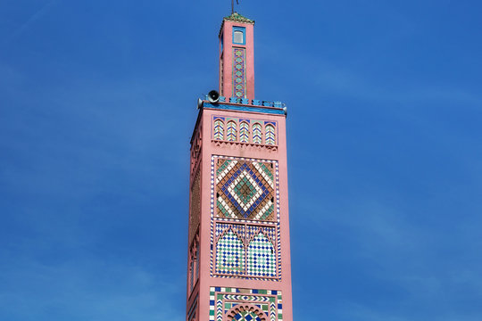 View of the minaret of Sidi Bou Abib Mosque in Tangier, Morocco. Is a mosque near Grand Socco medina area of central Tangier. It was built in 1917 and is decorated in polychrome tiles.