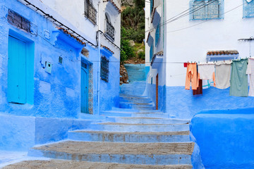 View of the blue walls of Medina quarter in Chefchaouen, Morocco. The city, also known as Chaouen...