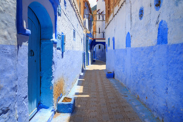View of the blue walls of Medina in Chaouen, Morocco. The city is noted for its buildings in shades of blue and that makes Chefchaouen very attractive to visitors.