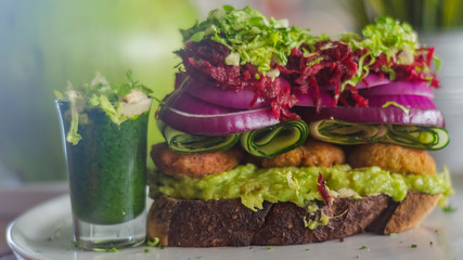 Vegetarian cuisine. Healthy eating. Falafel and vegetables on rye bread. Vegan Sandwich