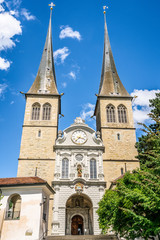 Fototapeta na wymiar Vertical view of the court Church of St Leodegar in Lucerne Switzerland
