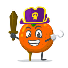 vector illustration of mascot or orange fruit character wearing pirates costume and holding wooden sword