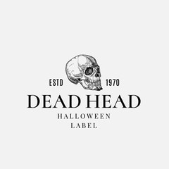 Premium Quality Halloween Logo or Label Template. Hand Drawn Creepy Sideview Scull Sketch Symbol and Retro Typography.