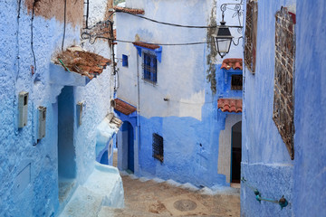 View of the blue walls of Medina quarter in Chefchaouen, Morocco. The city, also known as Chaouen...