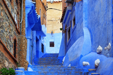 View of the blue walls of Medina quarter in Chefchaouen, Morocco. The city, also known as Chaouen...
