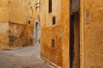 Narrow streets of the Meknes medina. Meknes is one of the four Imperial cities of Morocco and the sixth largest city by population in the kingdom.