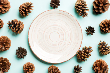 Obraz na płótnie Canvas Top view of festive plate with pine cones on colorful background. New Year dinner concept