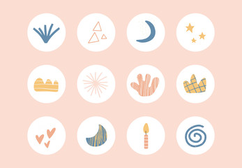 Round texture and Abstract icons for social media stories. Set of various vector highlight covers.